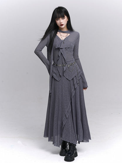 Gray Gothic V-Neck Top with Elegant Ruffle Front & Attached Neck Strap - Lady Ghost