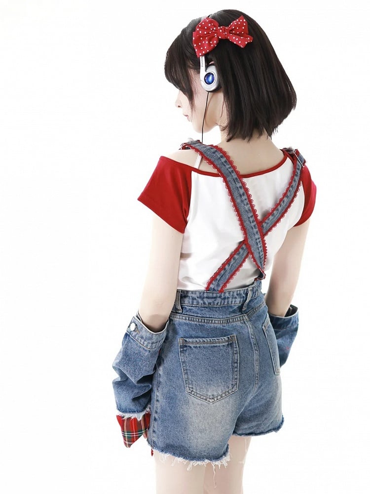Distressed Denim Shorts Raw mit Overall-Applikationen Blauer Stern Saum Löcher Armwears Plaid Free