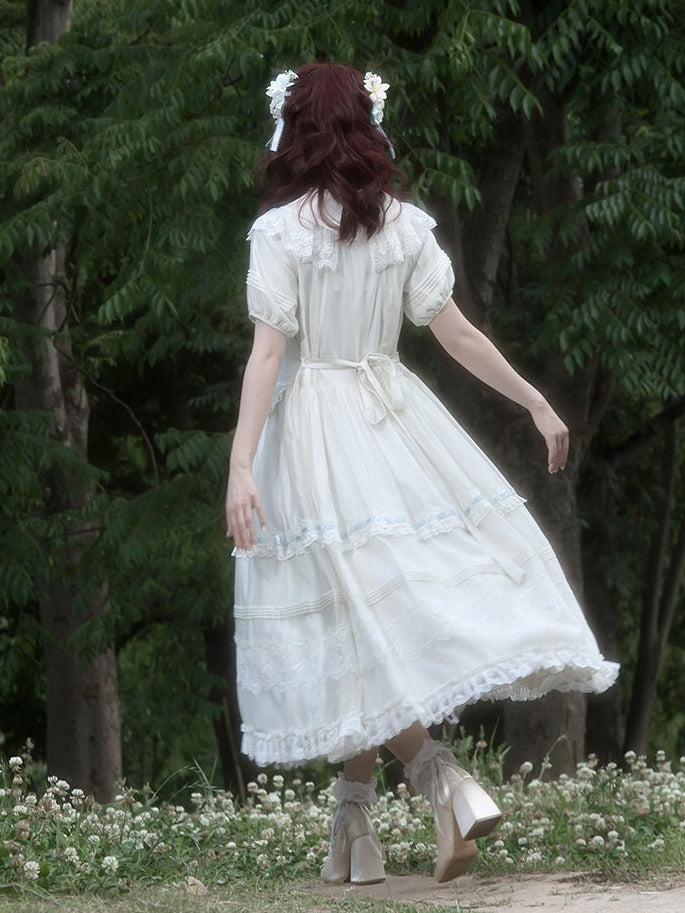 White Peter Pan Collar Lolita Long Dress with Lace and Embroidery