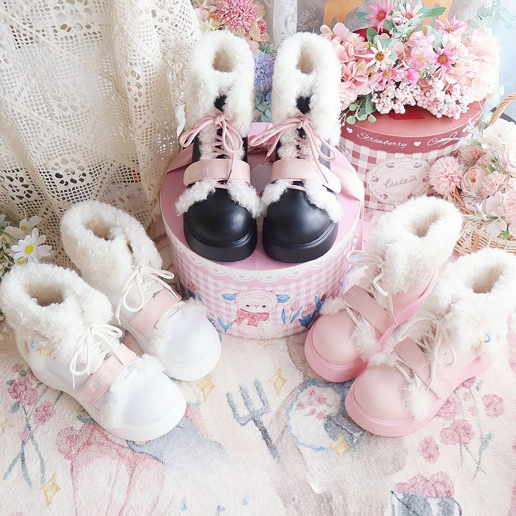 Thick Plush Lolita Closure System Decor Black Dual Boots in Rabbit Sweet with Sole Snow