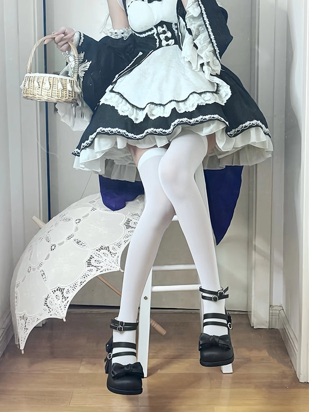 Heel Janes and Elegant Rose PU Block High Accent Bow Leather Matte Lolita Mary - Details with Black