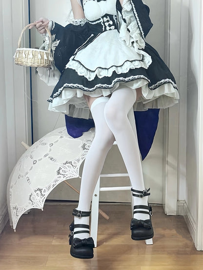 Heel Janes and Elegant Rose PU Block High Accent Bow Leather Matte Lolita Mary - Details with Black