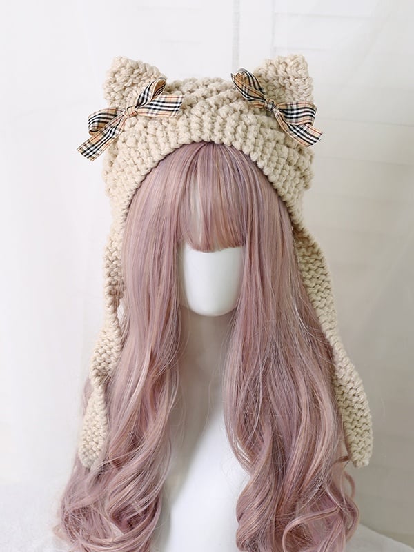 Cute 5 Bowknot Plaid Ear Kitty Hat With Colors Lolita Decoration Knitted