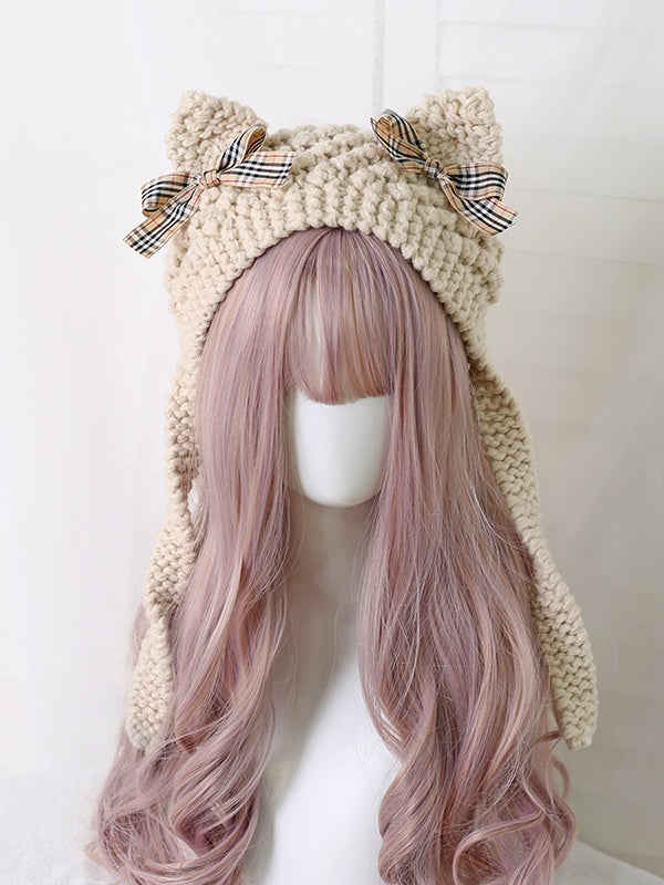 Beige Knitted Kitty Ear Hat with Plaid Bowknot Decoration, Cute Lolita Style - Little Ghost