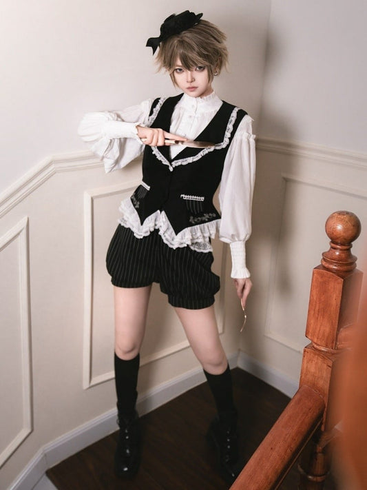 Black and White Ouji Lolita Full Set Shirt + Waistcoat + Shorts + Jabot