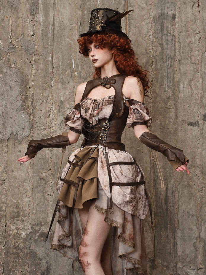 Braune Vintage Steampunk Weste aus Leder Birdcage