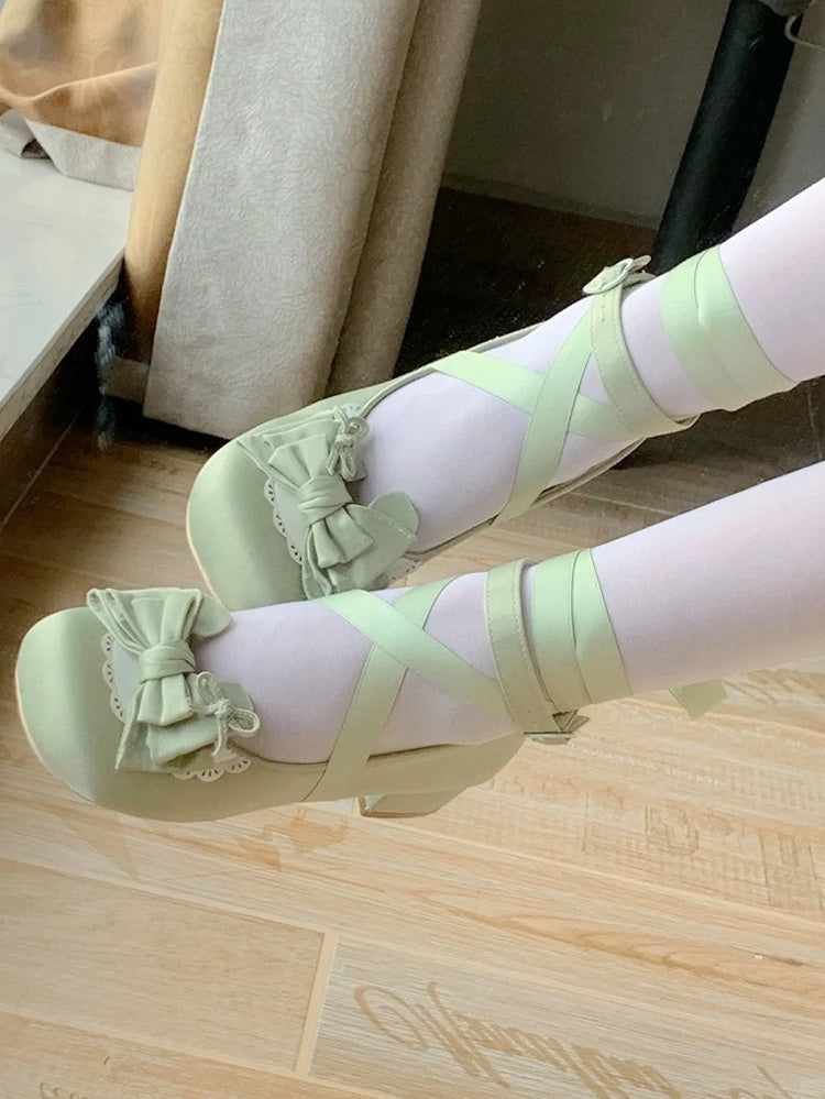 3.5cm Heeled Sweet Lolita Green Ballet Shoes - Bow at Top & Wrap-Around Ankle Tie