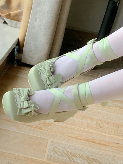 3.5cm Heeled Sweet Lolita Green Ballet Shoes - Bow at Top & Wrap-Around Ankle Tie