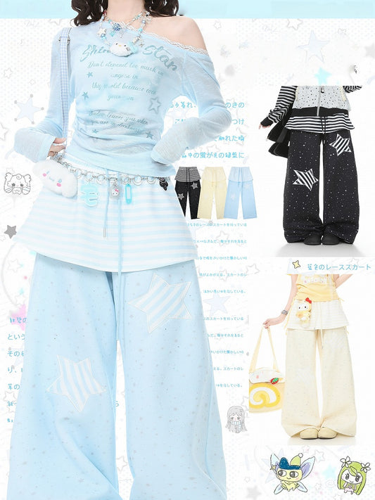 Blue Star Patches Straight Pants with Striped Overlay Detail - Languid Park