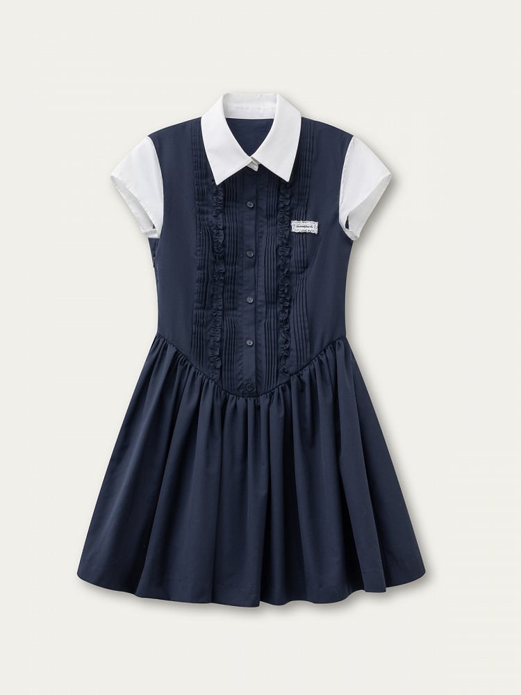 Navy Academy White Two-Piece Dress with Style Blue Retro Fake Details Pleated