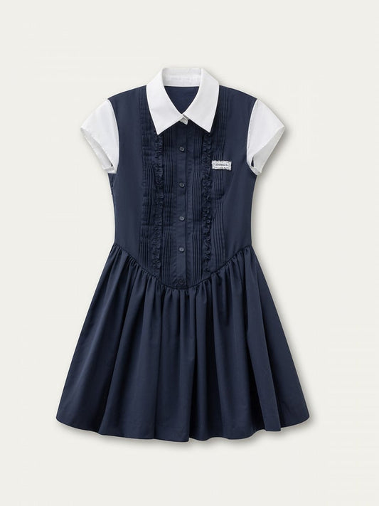 Navy Academy White Two-Piece Dress with Style Blue Retro Fake Details Pleated