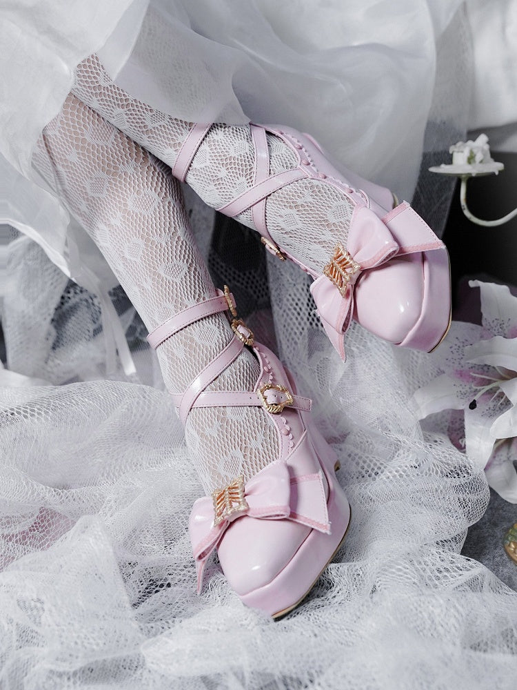 Pink Gothic Lolita Polished Shoes with Butterfly Bow & 10cm Slope Heel - sphenoid