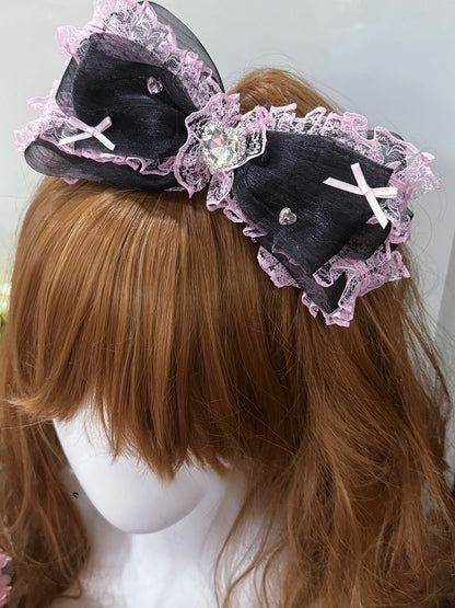 Lace Black/Purple Decorated Hairclip Rhinestone Bowknot Trim