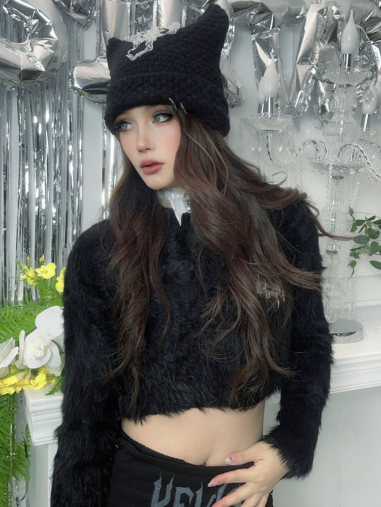 Punk Black Cat Ears Cross Patch Knit Hat