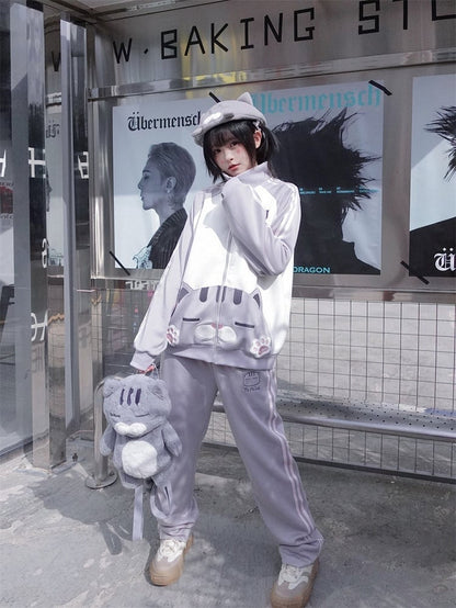 Elastic Waistband Kawaii with Grey Pants Embroidery Cat