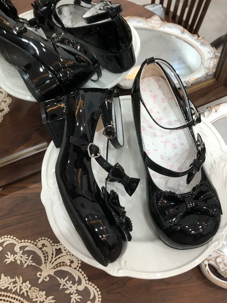 Decor Bow PU Adorable in with Black Low-heel/Mid-heel Mary Janes