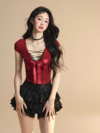 Red Lace Big Bow Slim-fitting Back T-Shirt Trim V-Neck Cutout