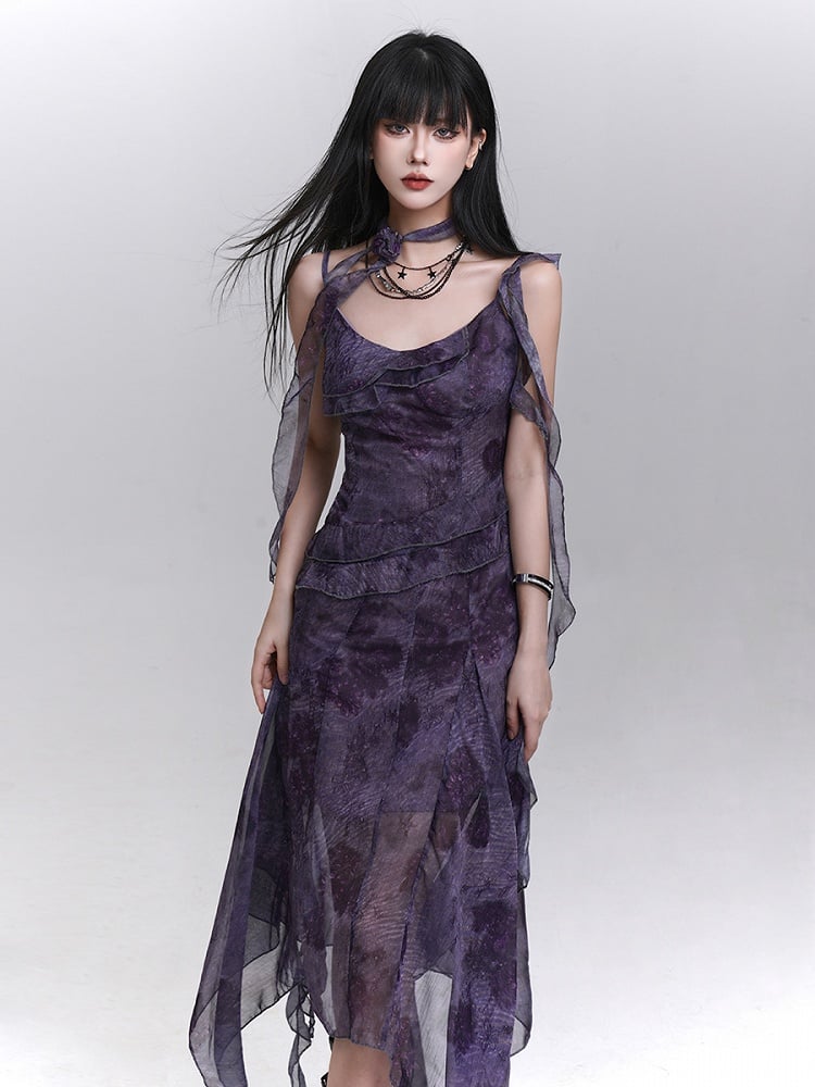 Flowing Strap Dress Matching Purple Handkerchief Neck Gothic Tie-Dye Hem with Ribbons Slip