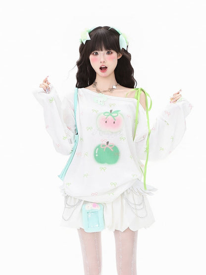 Top Long Bow Red/Green One-Shoulder Sleeve and Asymmetrical with