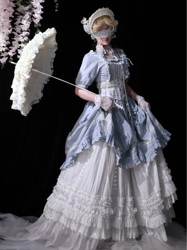 Embroidery Dress Cotton Lolita Blue Square Jasmine Neckline