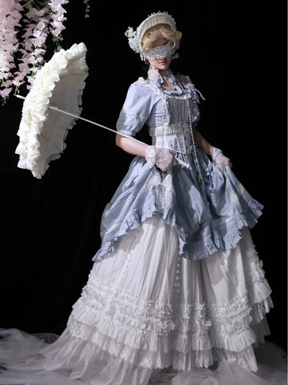 Embroidery Dress Cotton Lolita Blue Square Jasmine Neckline