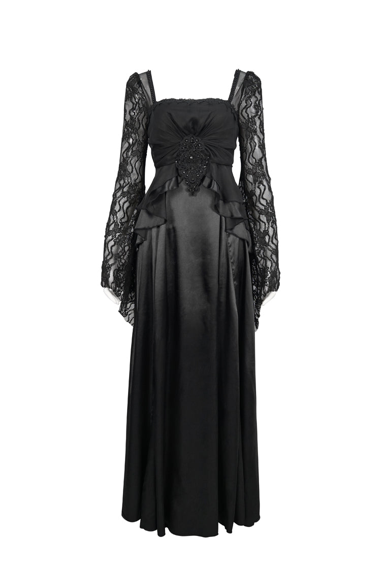 Black Lace Pointed Long Sleeves Back Zipper Satin Floor-Length Gothic Gown