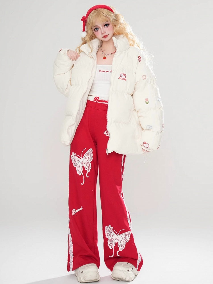 ホワイト/ピンクのキティ刺繍ハイネックパファージャケット