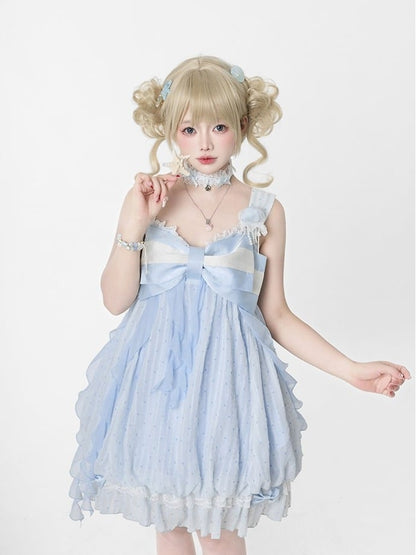 Blue Polka Dot Bow Sleeveless Bubble Dress with Lace - Tan Tuan