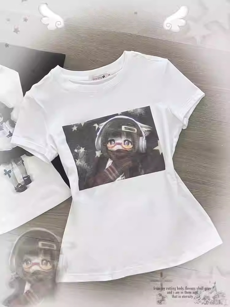 ホワイトラウンドネックBJDドールプリントヴィンテージTシャツ