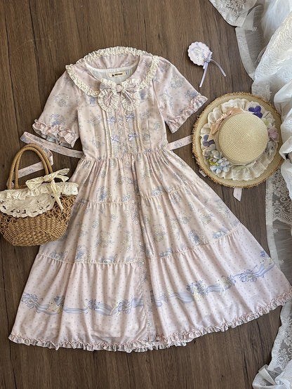 Lavender Floral Lamb Print Casual Dress - Miss Point