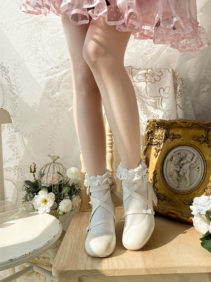 Round White Mary - Accent Design Crisscross Sweet Shoes Toe Jane Bow