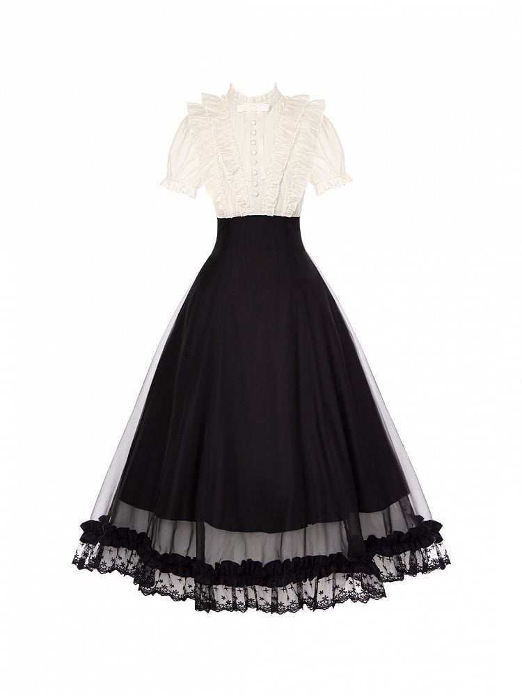 Beige Ruffled Blouse & Black Long Skirt Fake Two Pieces Lolita Dress - With PUJI