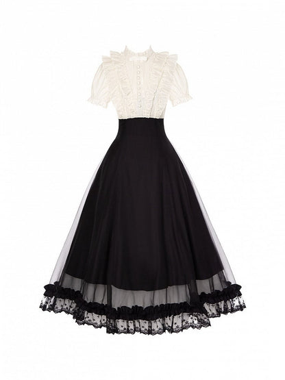 Beige Ruffled Blouse & Black Long Skirt Fake Two Pieces Lolita Dress - With PUJI