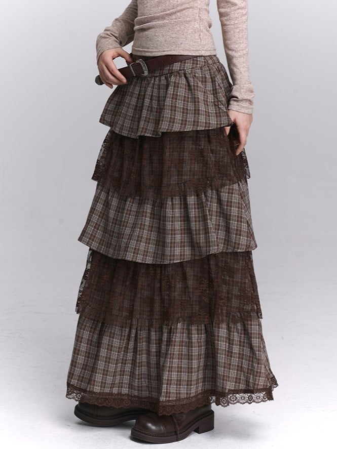 Seitliche Spitzenrockschichten mit Reißverschluss, gestuftes Maxi-Kaffee-Plaid