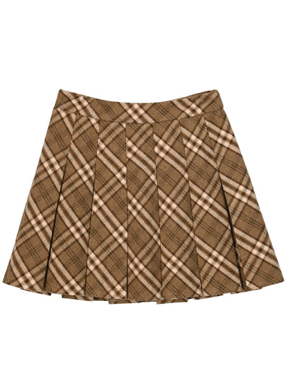 Brown High Waist Plaid Box Pleat Skirt