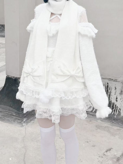 Lace White with Scarf Big Bows Trim and Jirai Bead Embellished Kei