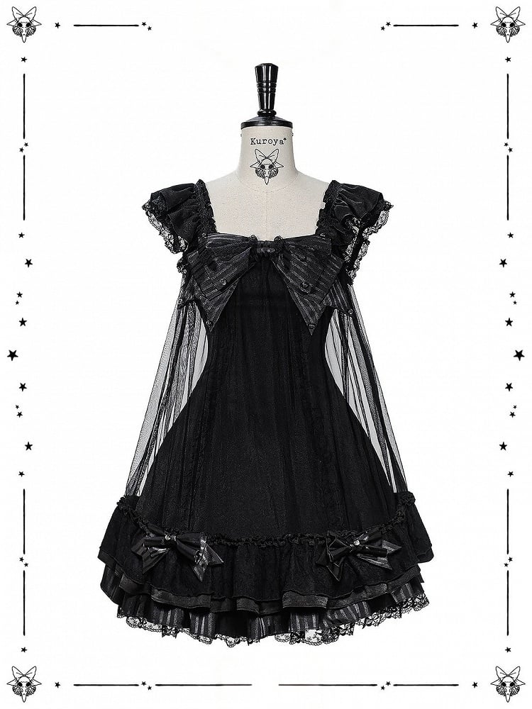Black Lace Flutter Sleeve JSK with Pearl Bowknot - Kuroya