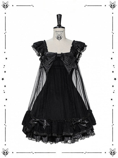 Black Lace Flutter Sleeve JSK with Pearl Bowknot - Kuroya