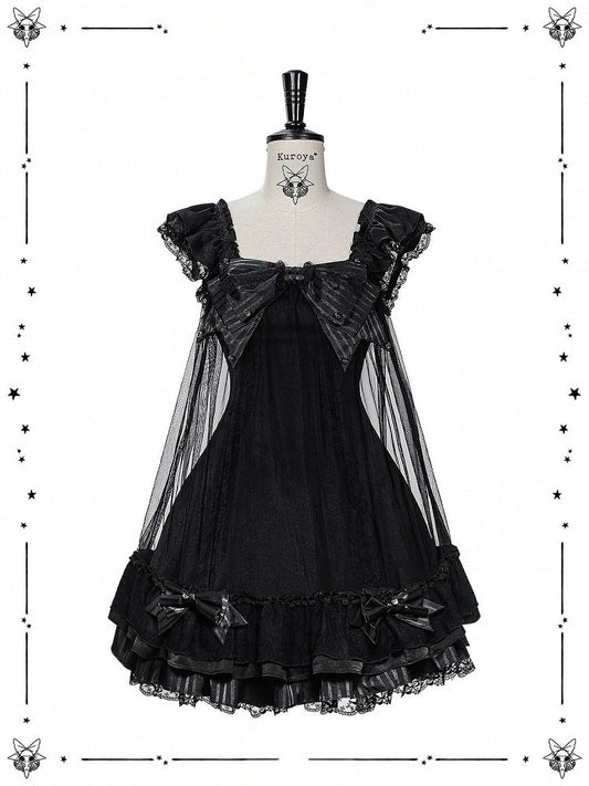 Black Lace Flutter Sleeve JSK with Pearl Bowknot - Kuroya
