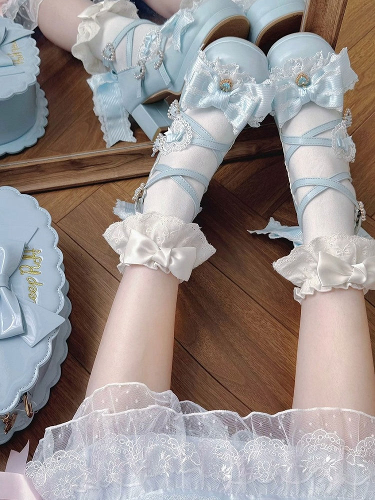 Sweet Lolita Blue Heart Crystal Platform Shoes with Bow - Sheep Puff