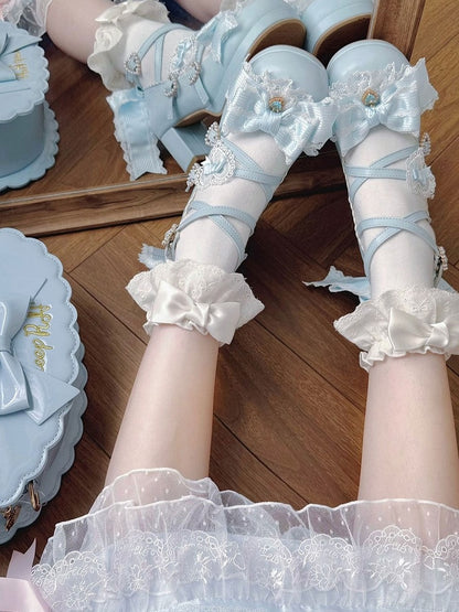 Sweet Lolita Blue Heart Crystal Platform Shoes with Bow - Sheep Puff