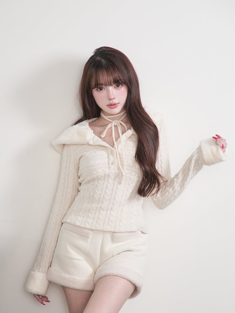Pure Knit Kei Cuffs Jirai with Hooded White Top Design Faux Halter and Fur Tie Style