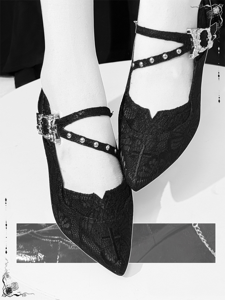 Gothic Cross Shoes Heel Black with Jane 7cm Dark Lace Chunky Embroidery Mary