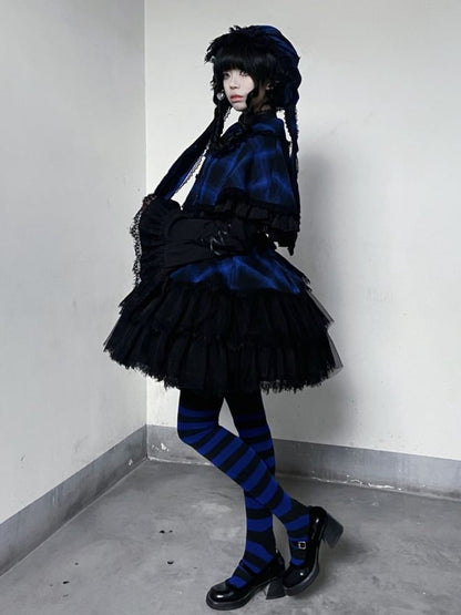 Blue Plaid Pattern Rounded Flat Collar Cape