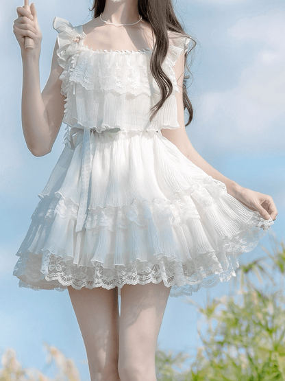 and Brooch with Waist Belt Tiered Lace Trim Flutter Sleeves Dress Sweet White
