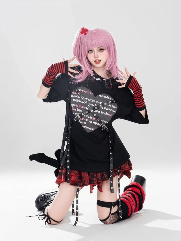 Straps + With Metal Grey Print Black Pleated Punk Top Red Buckle Heart Skirt Plaid