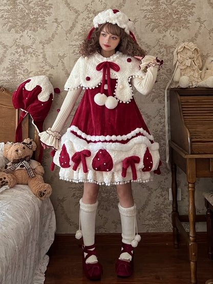 白と赤のふわふわイチゴハンドバッグ