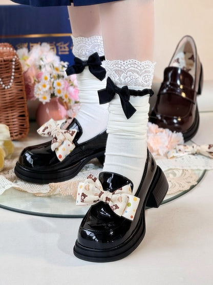 Fit Style Black JK Detachable in Loafers Mid-heel Design Print Academic Bear Bow Slip-in