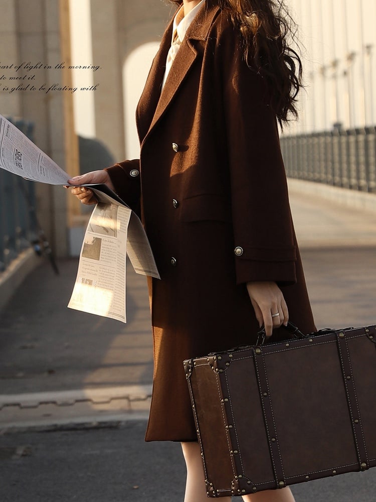 Brown Notched Collar Double-Breasted Woolen Coat