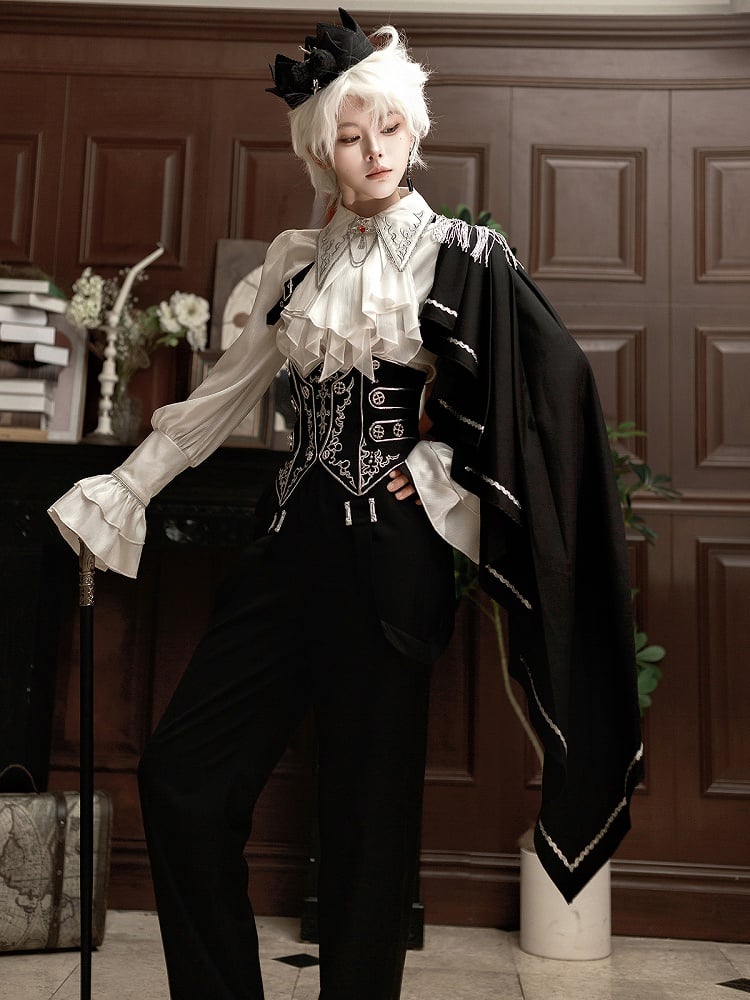 Belt+Black Corset Lolita Pants Pieces Three Prince Shirt+Embroidered Cape Set-One-Shoulder Ouji